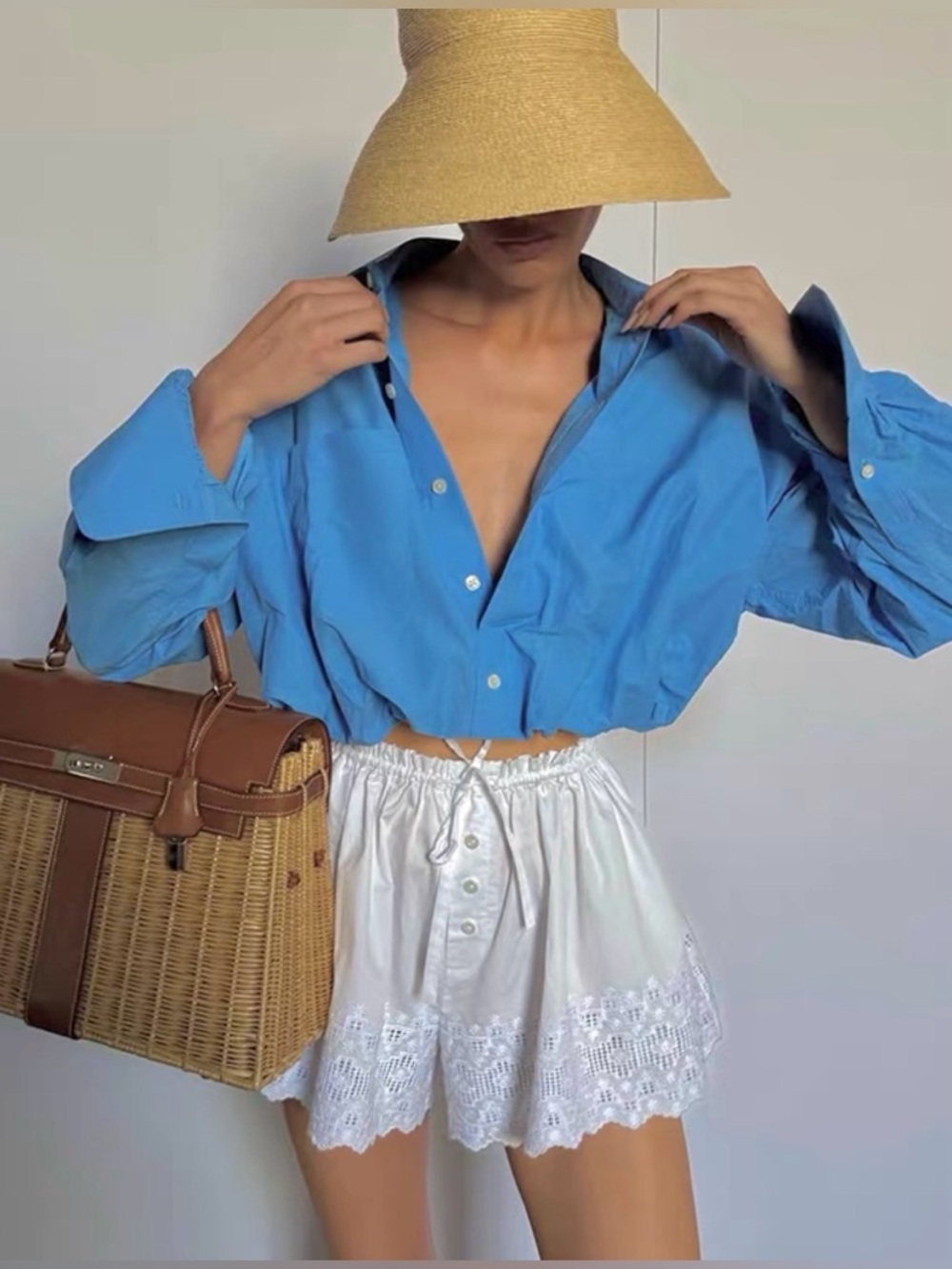 NWOT Helsa Bubble Shirt Blue Cropped Poplin Top Summer S Holiday Chic Cute Top